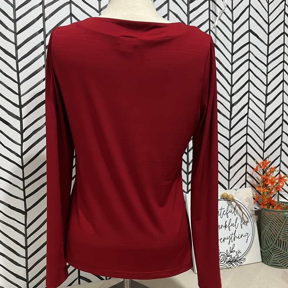 East 5th Ruby Red Long Sleeve With Scoop Neck Bow Embellishment Blouse, Sz.S - Picture 8 of 15